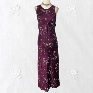 Dark Purple Burgundy Early 2000's Whimsygoth Floral Satin Midi Maxi Dress XS